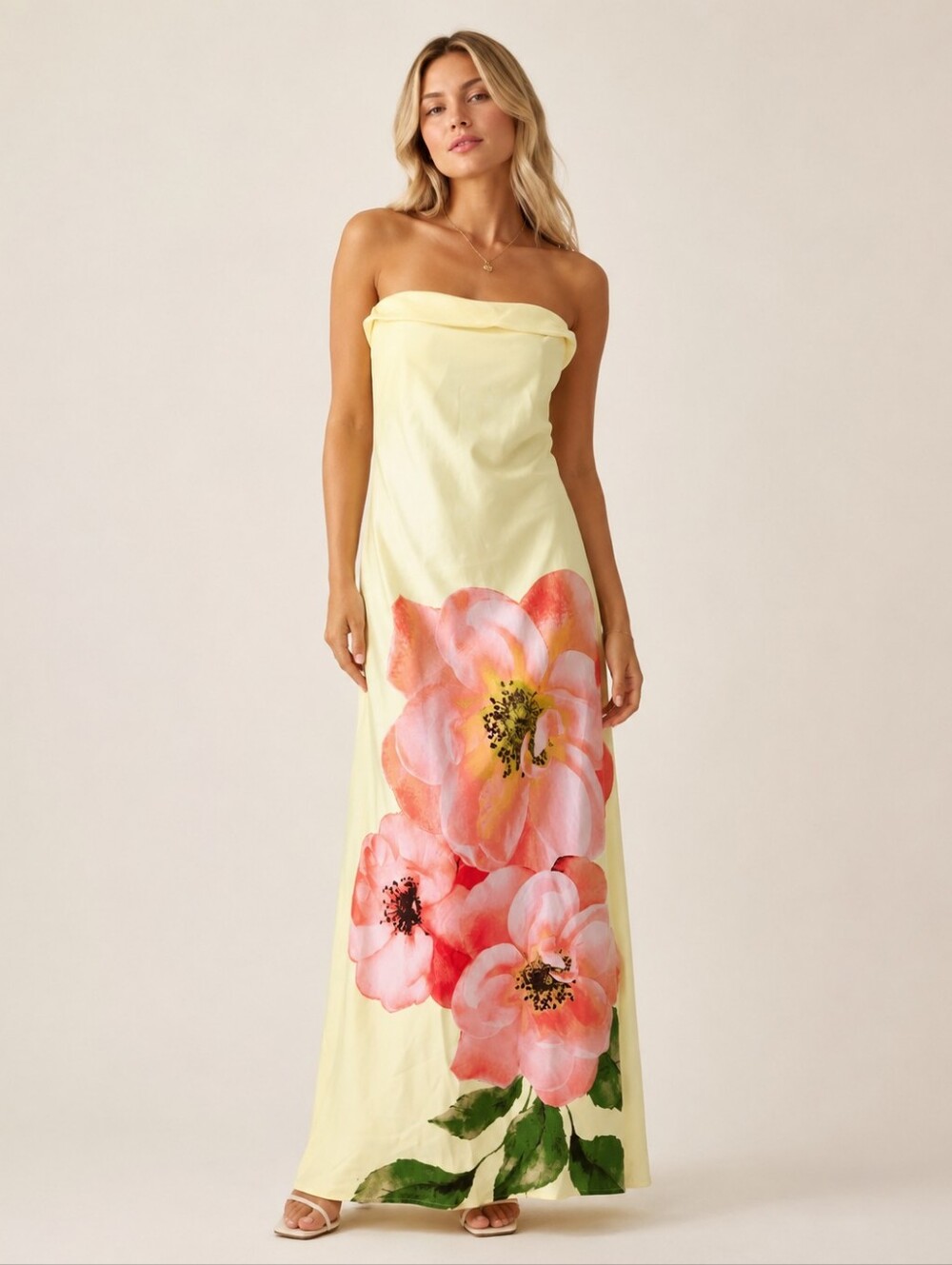 NWT Thirty Thirty Strapless Floral Maxi Dress Size L Yellow Pink Flower